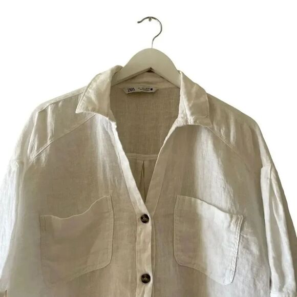 ZARA White Linen Blend Crop Button Up Shirt Boxy Minimalist Bohemian SZ L #1675 - Picture 4 of 14